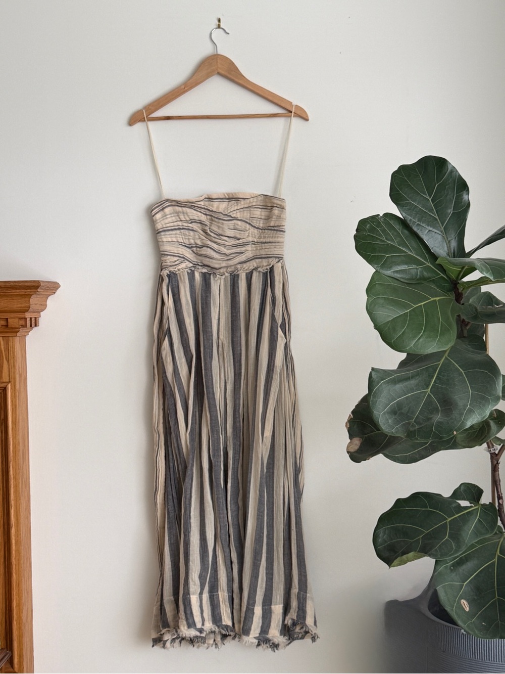 Free People Blue and White Striped Strapless Tie-Waist Maxi Dress